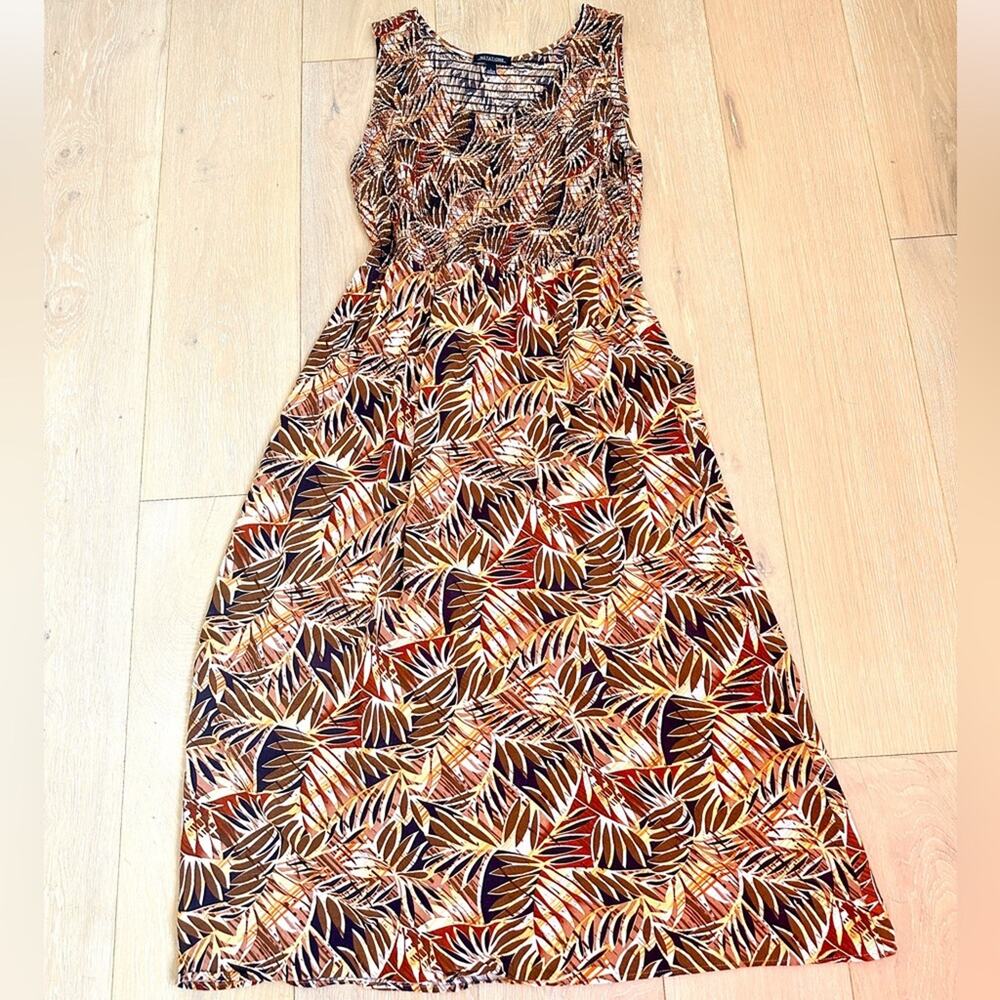 Vintage 80s Notations Jungle Leaf Maxi Dress Smocked Bodice Boho Earth Tone L